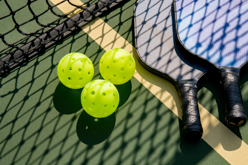 View of pickleball court with rackets and balls in ponte vedra beach, fl