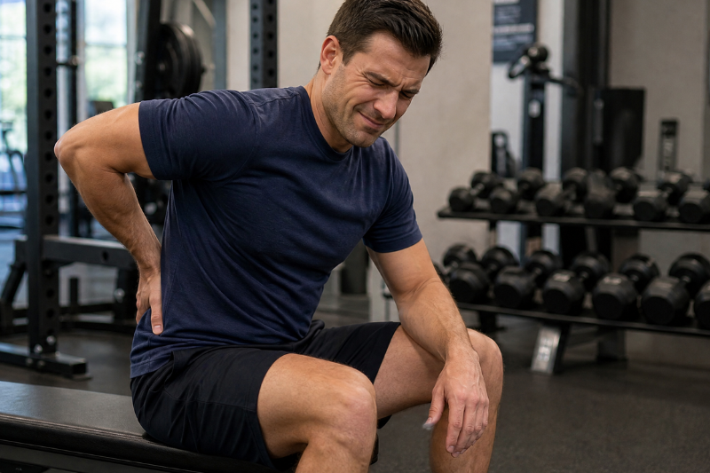 Man at gym suffering from a herniated disc.