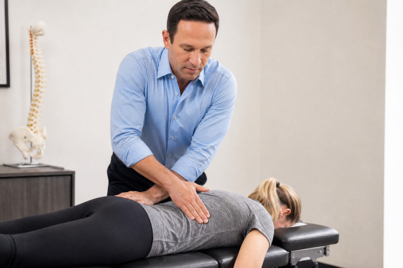 View of Dr. Slossberg performing chiropractor adjustments on a patient with sciatica pain.